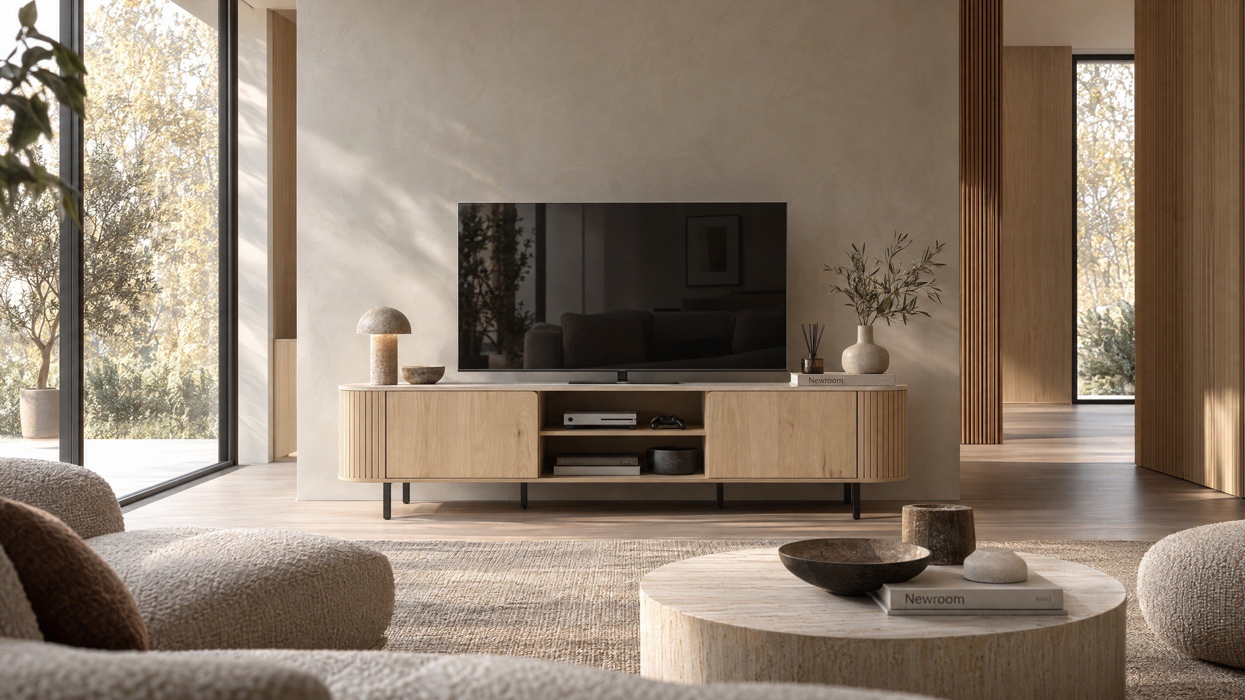 Norela.six TV-Board in Eiche Dekor mit Travertin Deckplatte, im Wohnzimmer