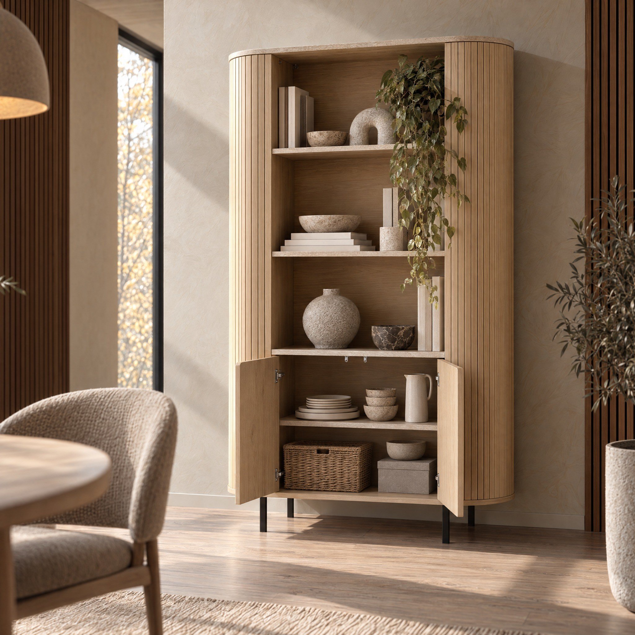 Norela.four Highboard Eiche mit Travertin-Optik, geöffnet