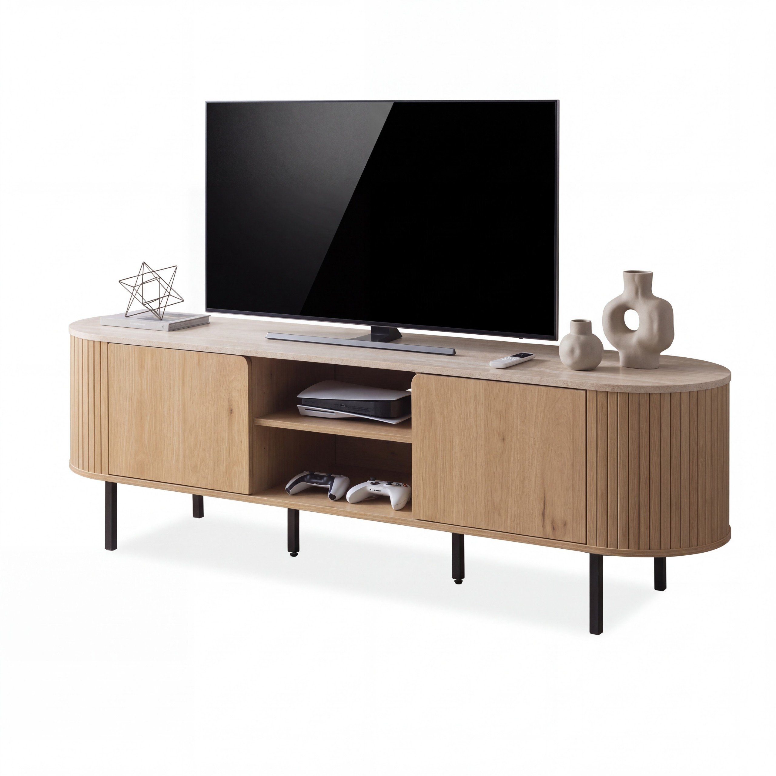 Norela.six TV-Board in Eiche Dekor mit Travertin Deckplatte