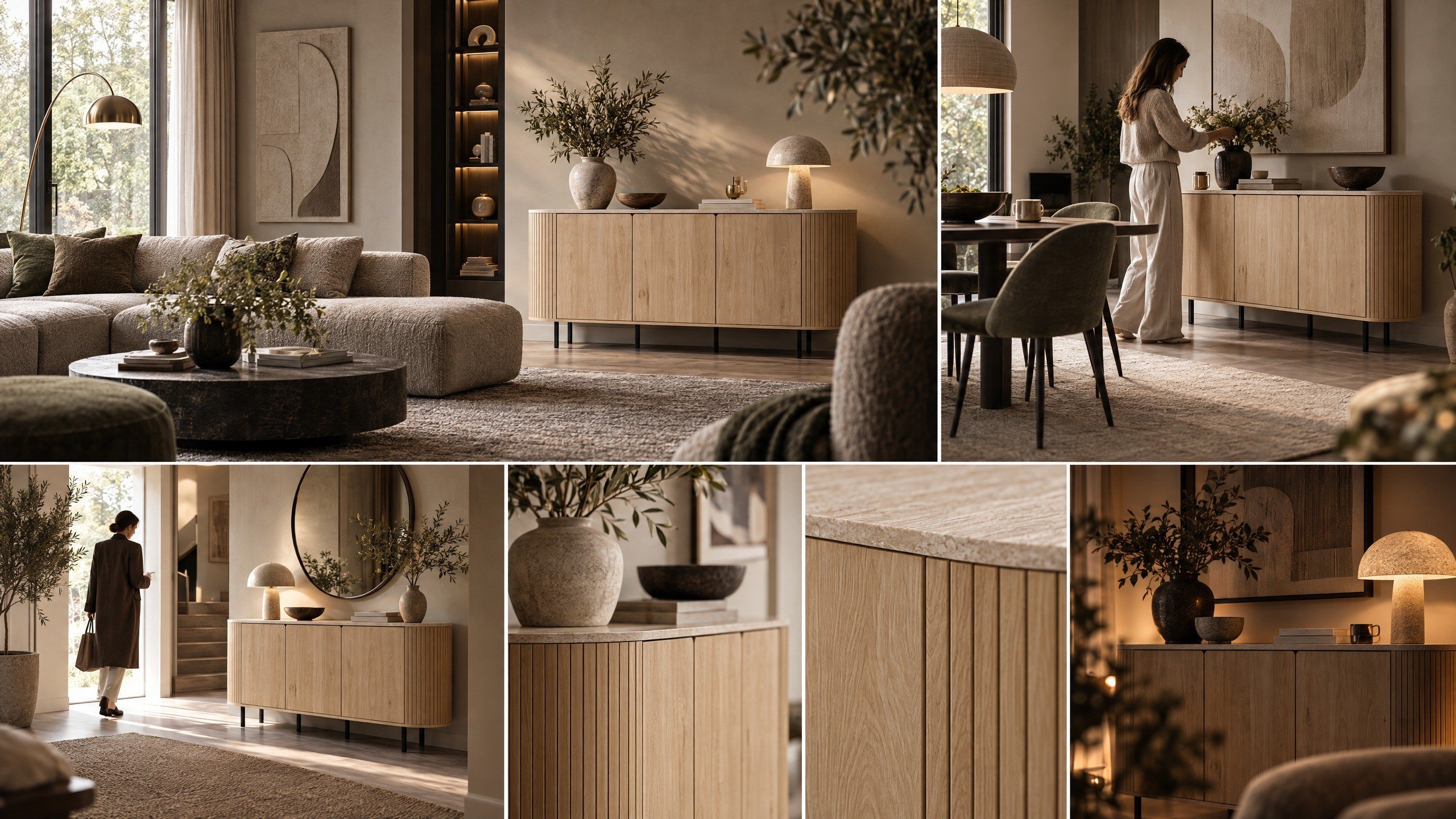 Norela.three Sideboard in Eiche Dekor mit Travertin Deckplatte, Moodboard