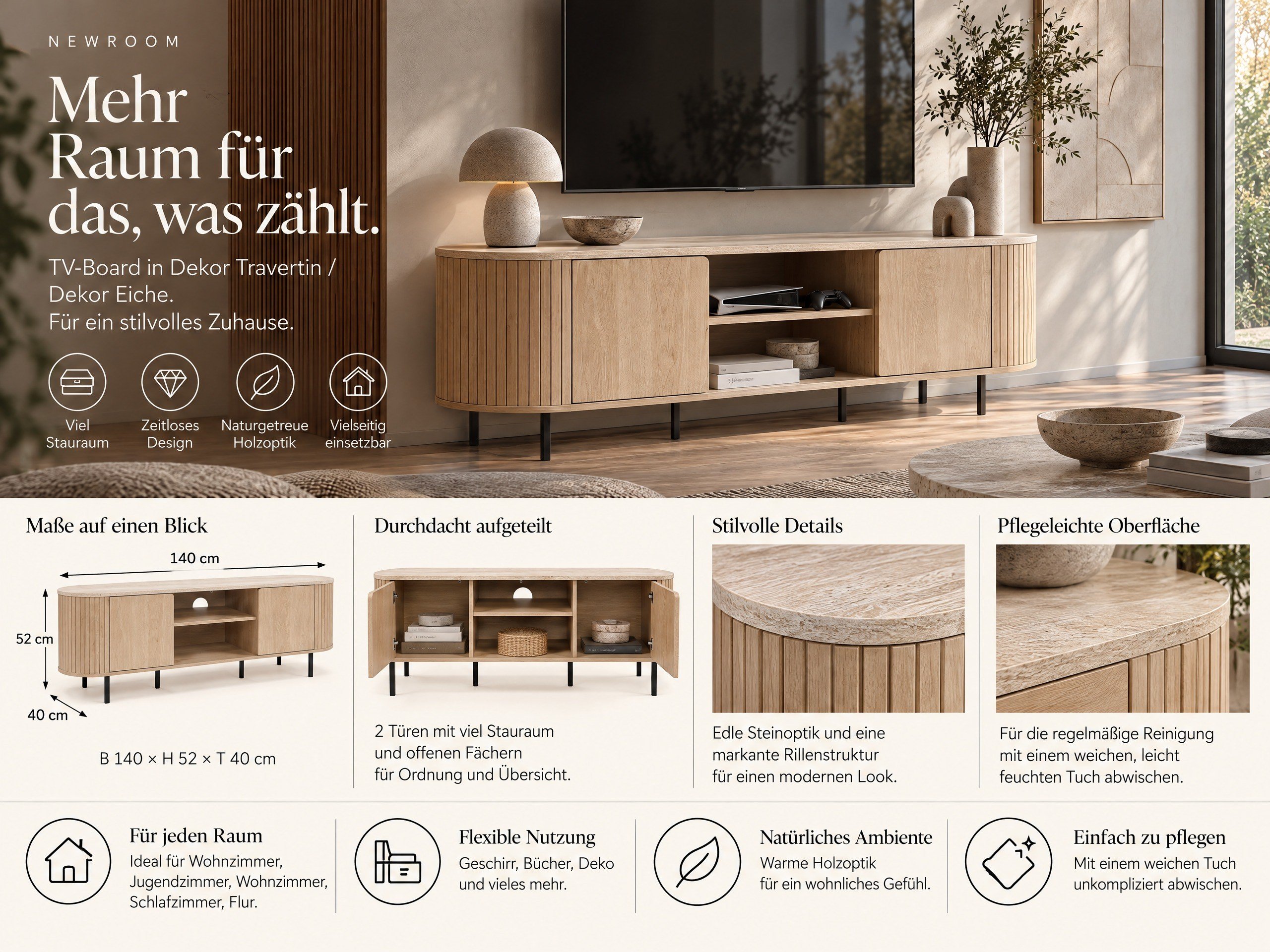 Norela.five TV-Board in Eiche-Dekor mit Travertin-Optik, Produktinfo