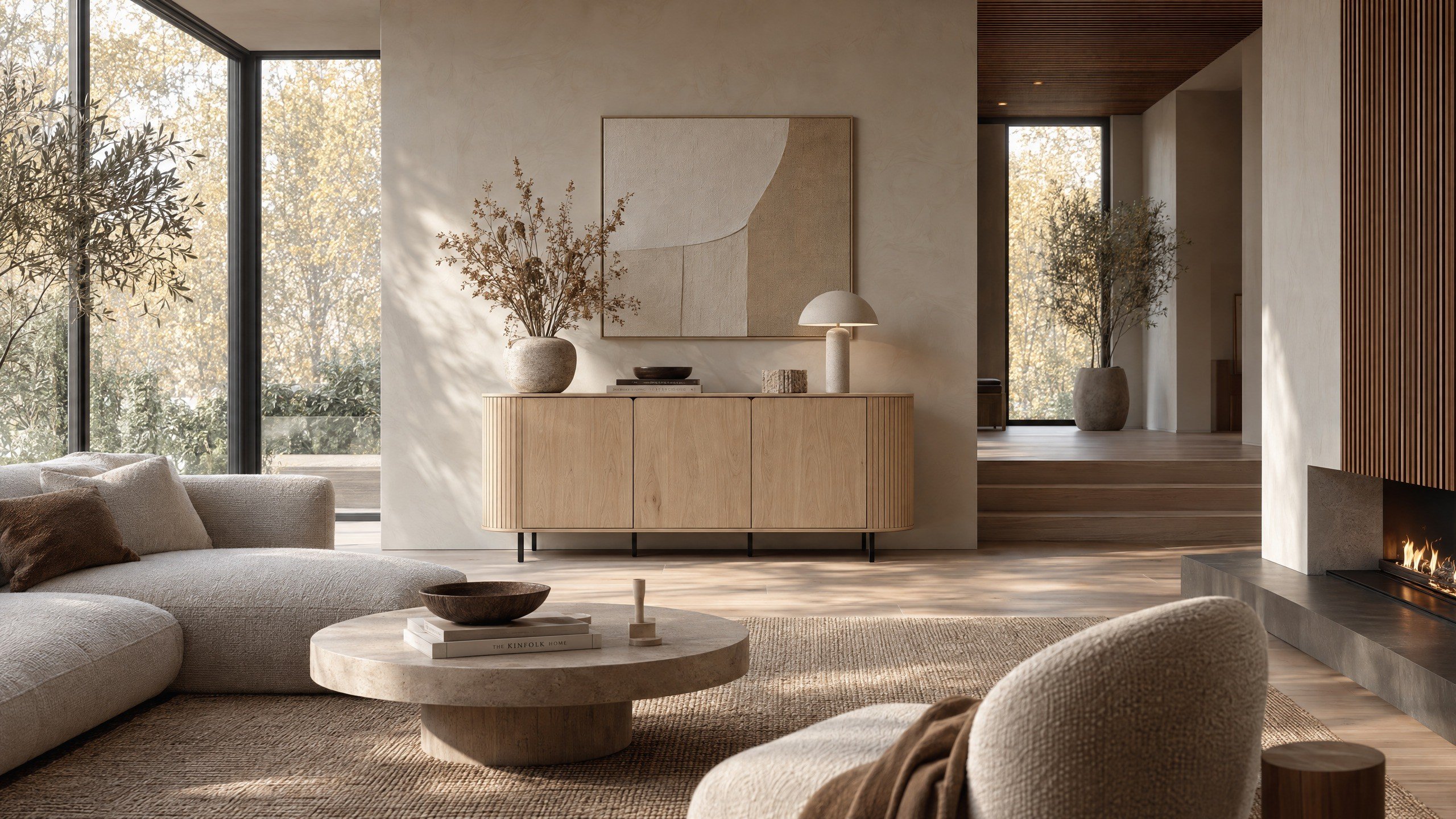Norela.three Sideboard in Eiche Dekor mit Travertin Deckplatte, im Wohnzimmer