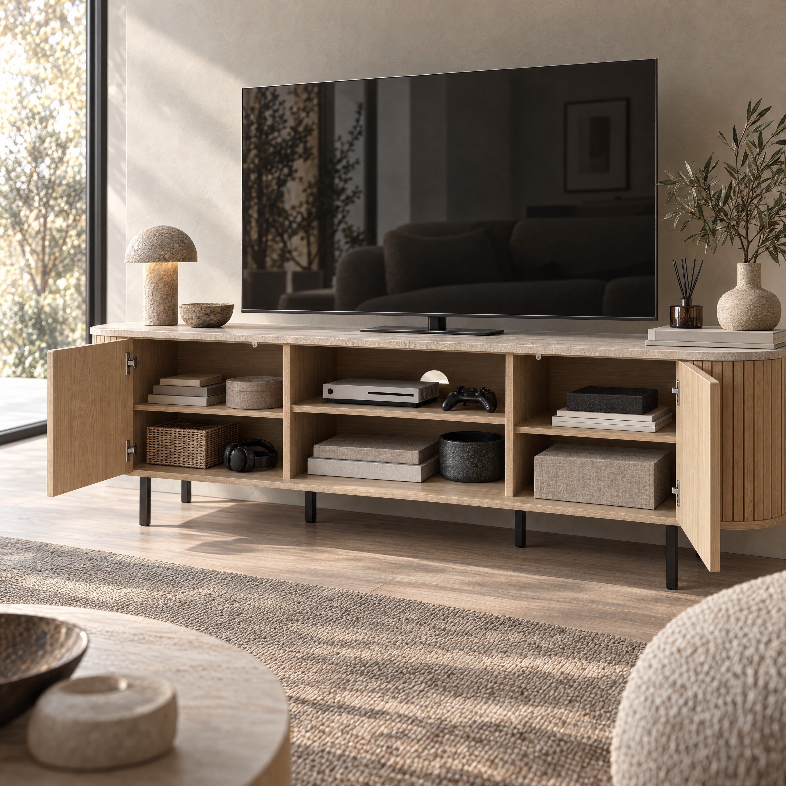 Norela.six TV-Board in Eiche Dekor mit Travertin Deckplatte, geöffnet