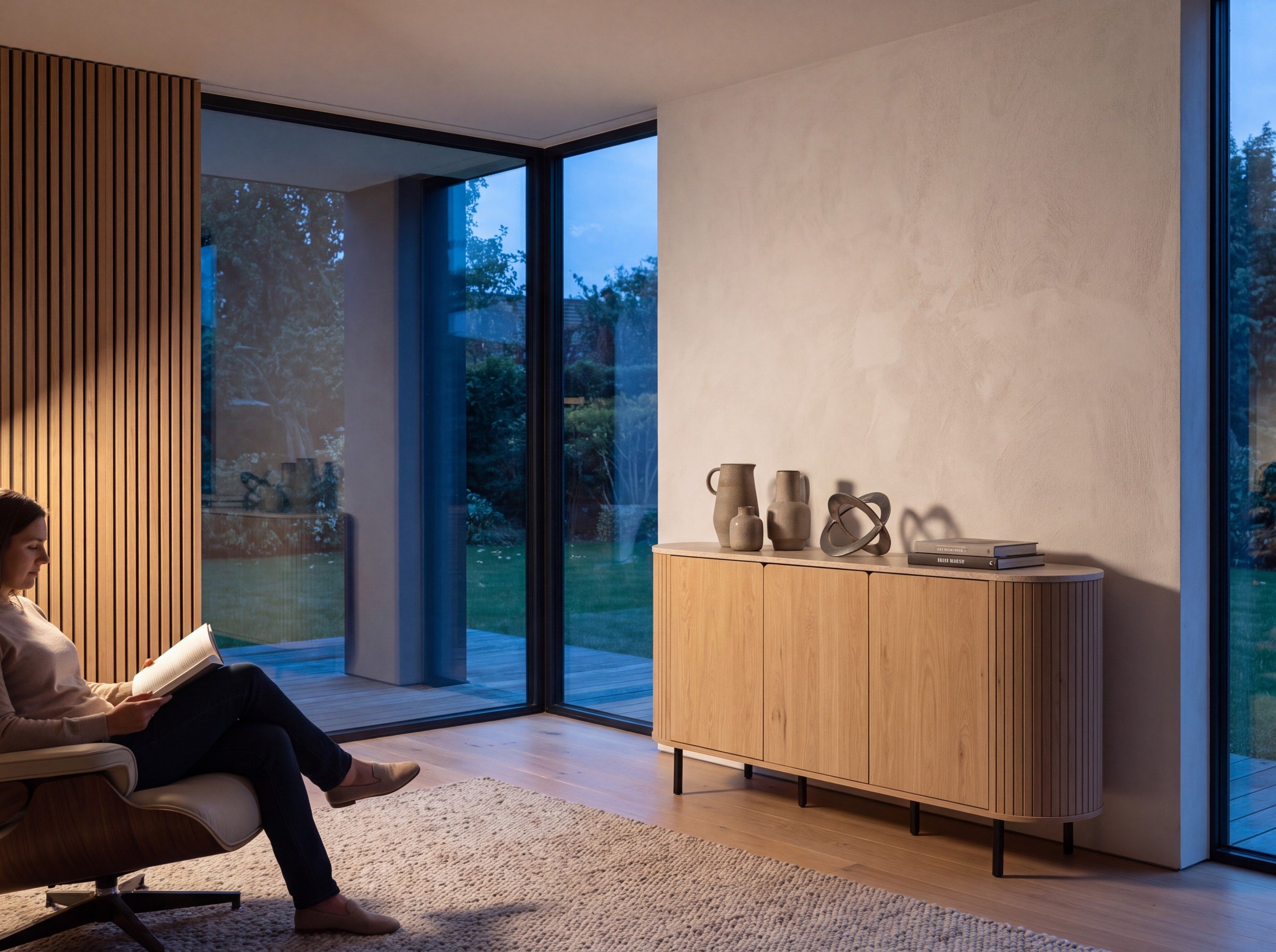 Norela.three Sideboard in Eiche Dekor mit Travertin Deckplatte, im Wohnzimmer