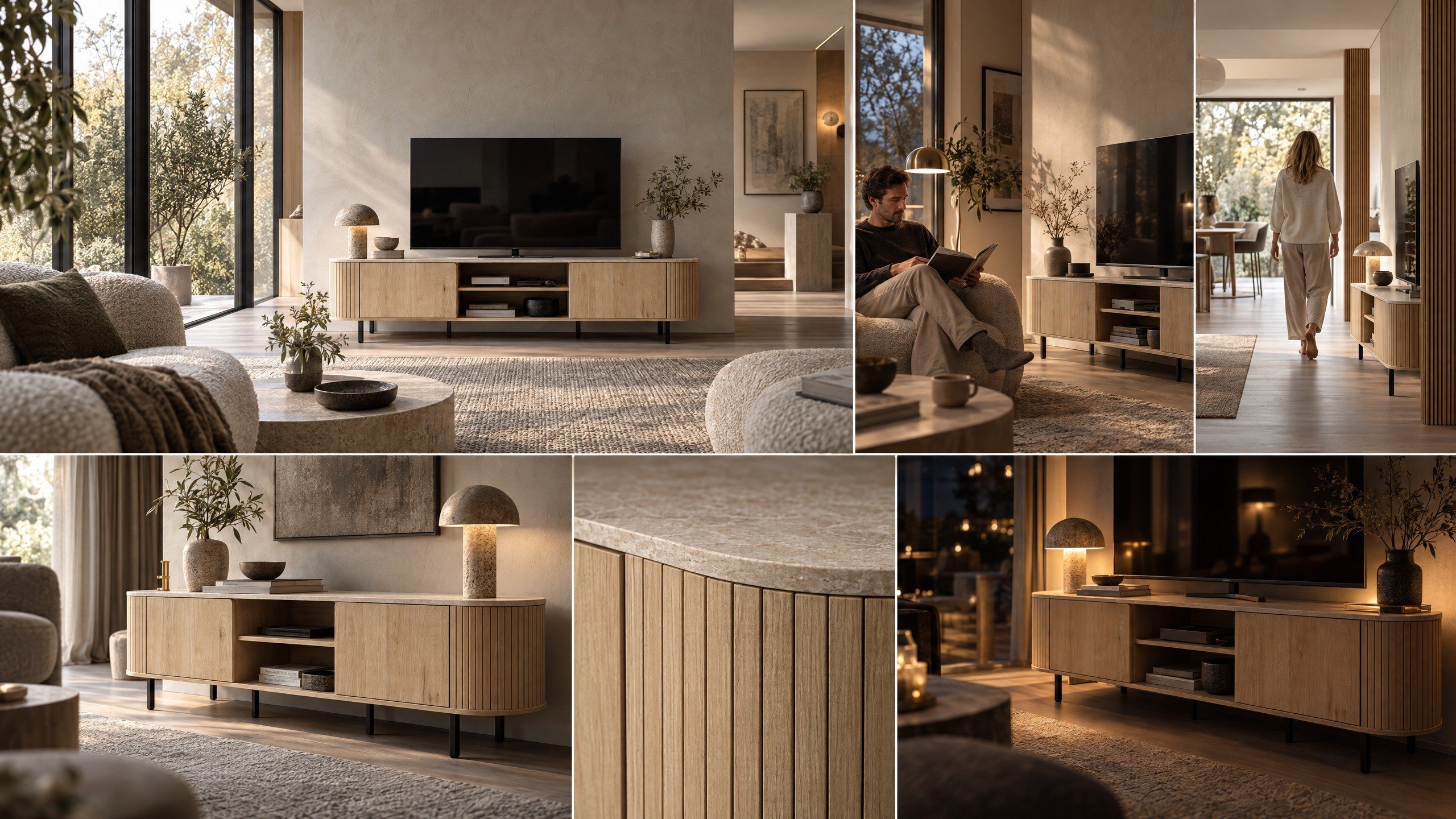 Norela.six TV-Board in Eiche Dekor mit Travertin Deckplatte, Moodboard
