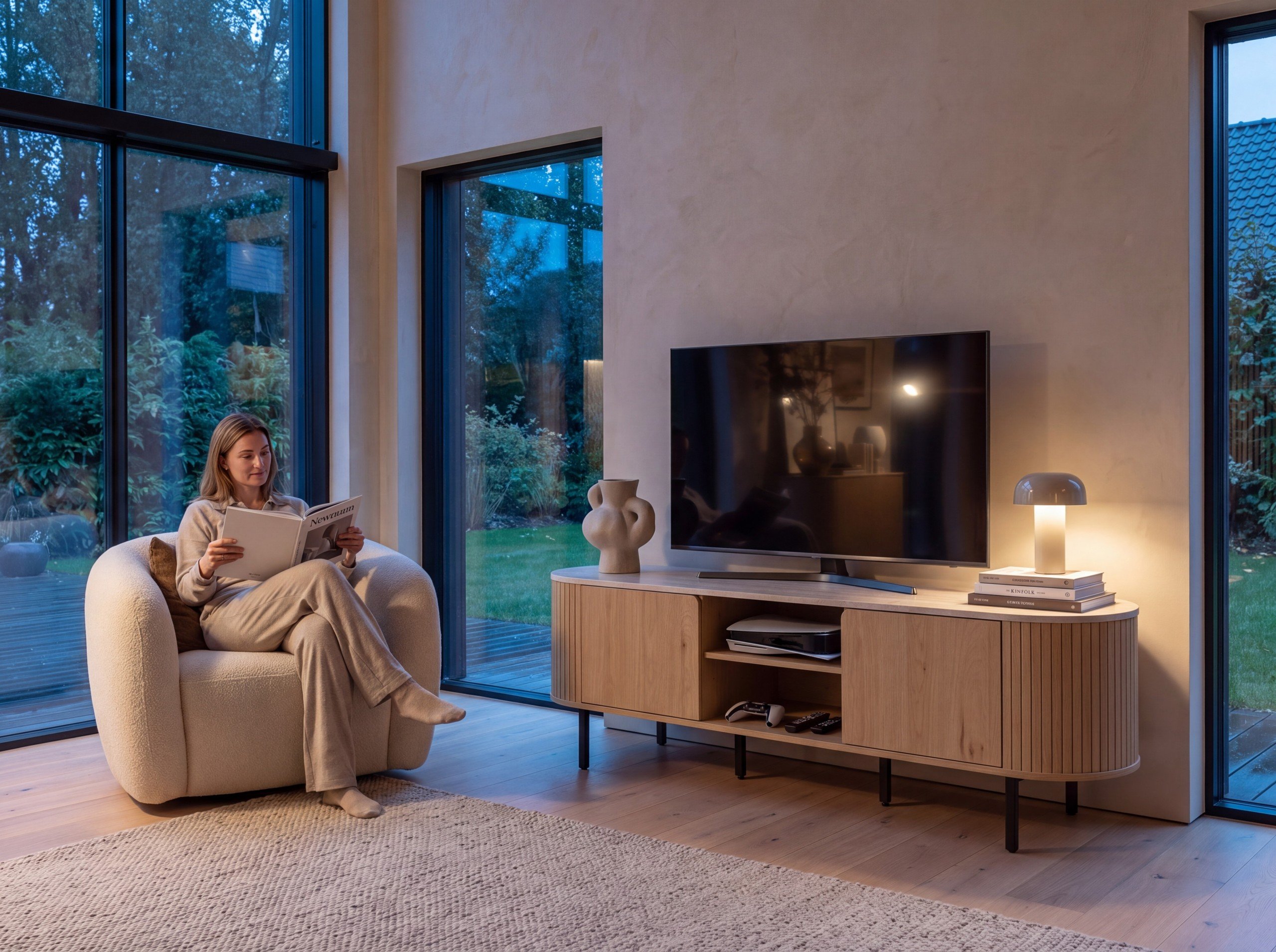 Norela.six TV-Board in Eiche Dekor mit Travertin Deckplatte, im Wohnzimmer