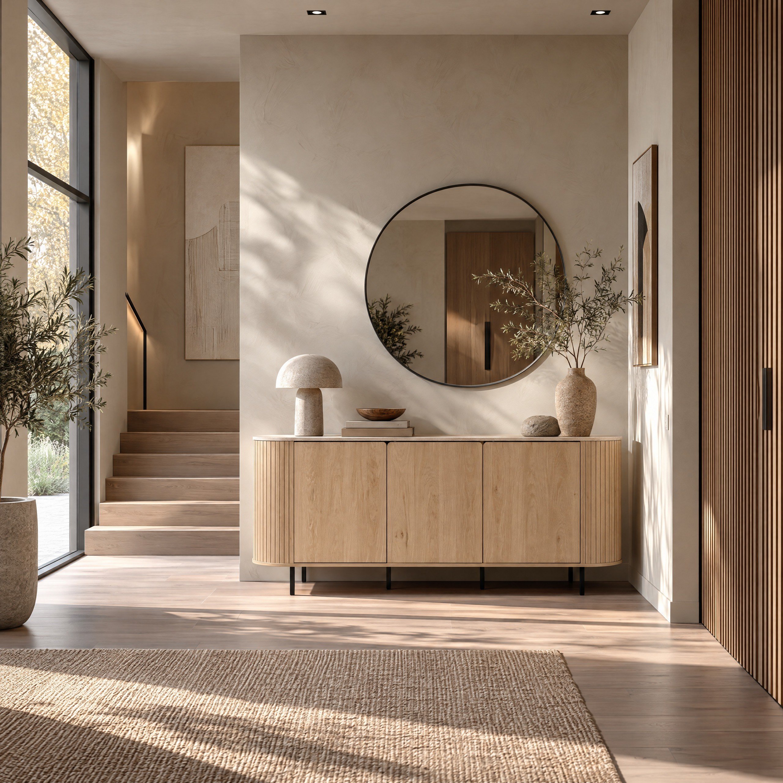 Norela.three Sideboard in Eiche Dekor mit Travertin Deckplatte, im Flur