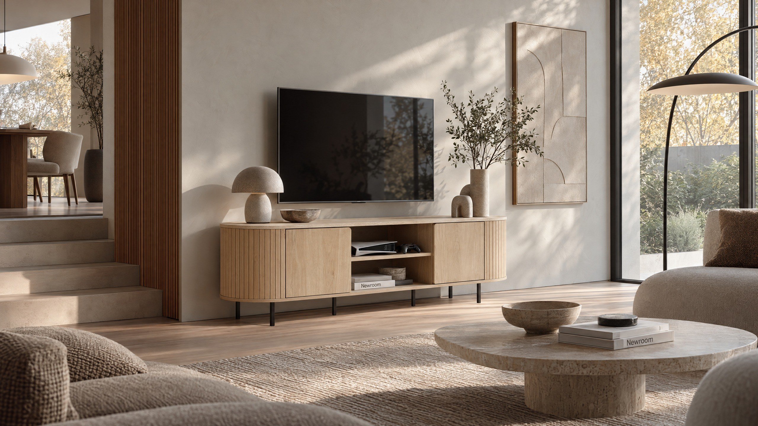 Norela.five TV-Board in Eiche-Dekor mit Travertin-Optik, im Wohnzimmer