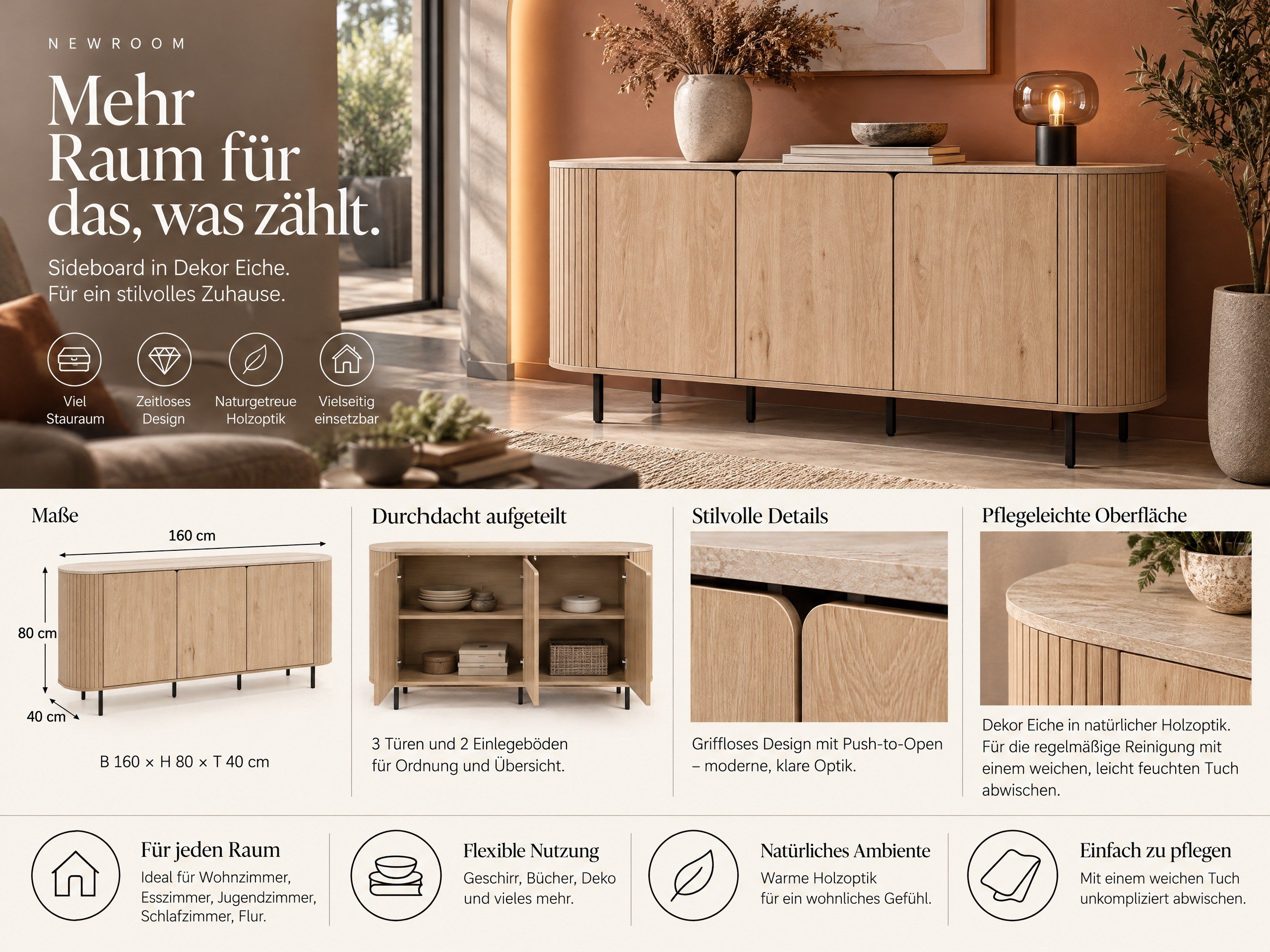 Norela.three Sideboard in Eiche Dekor mit Travertin Deckplatte, Produktinfo