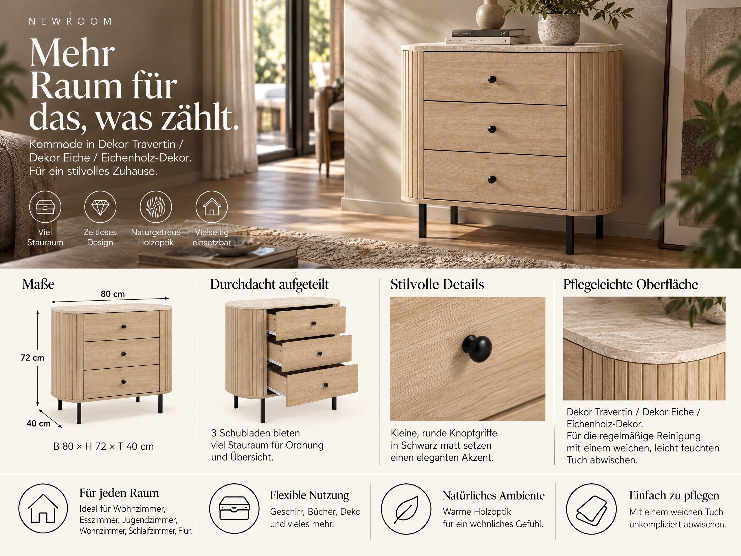 Norela.two Kommode in Eiche-Optik mit Travertin-Platte, Produktinfo